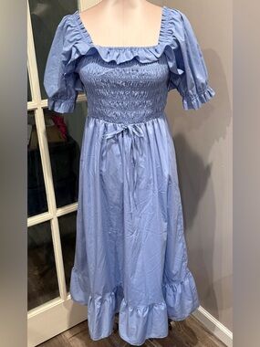 Indigo Rose Light Blue Smocked Midi Dress with Ruffle Details